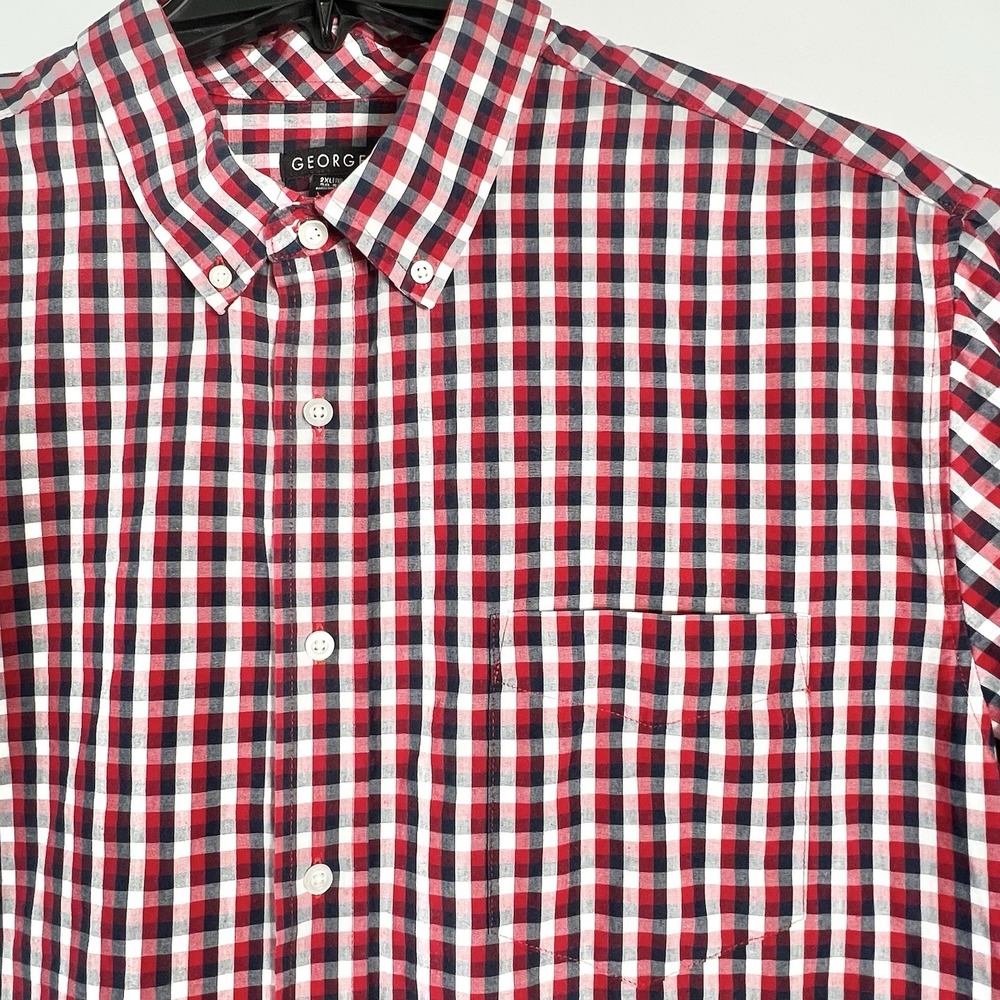 George‎ Mens Size 2XL Red Blue Gingham Short Sleeve Button Down Shirt EUC